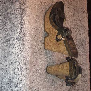 Super cute brown leather and cork heel wedge